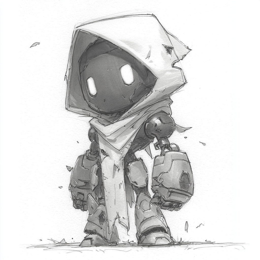 Echo, a hooded bot with two glowing slit eyes and no mouth.