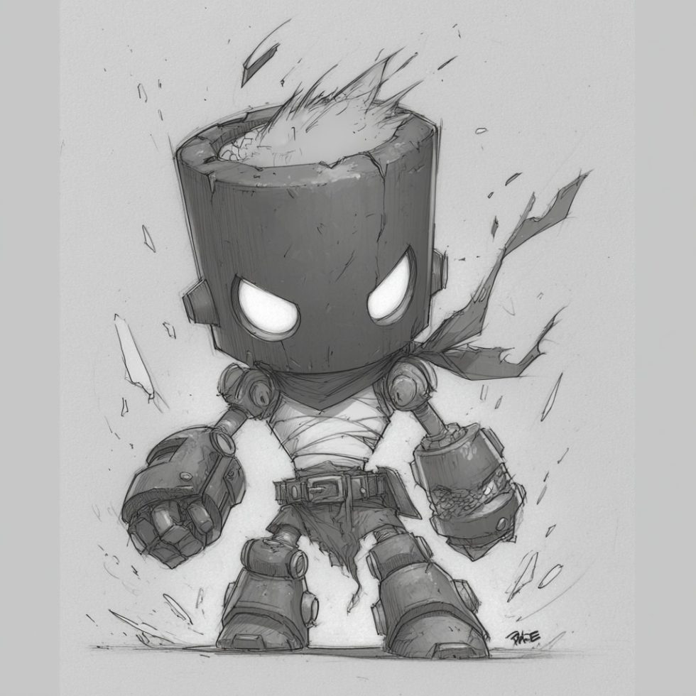 Kaiax, a heavy-shouldered bot with a caped silhouette.