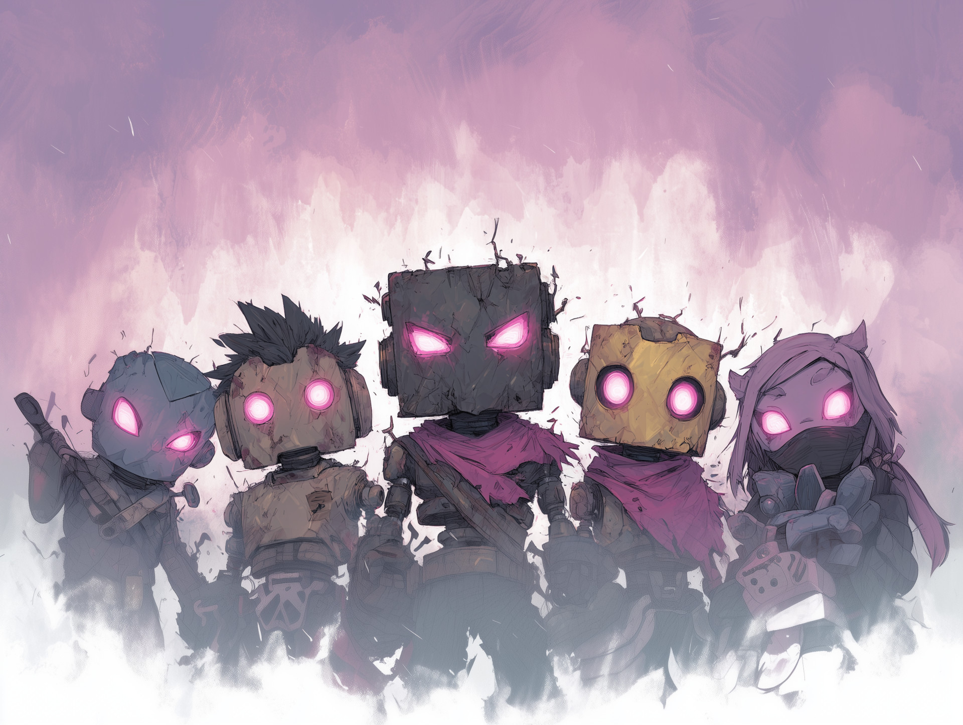 Five TKK Bots standing shoulder to shoulder, eyes glowing pink against a violet sky.
